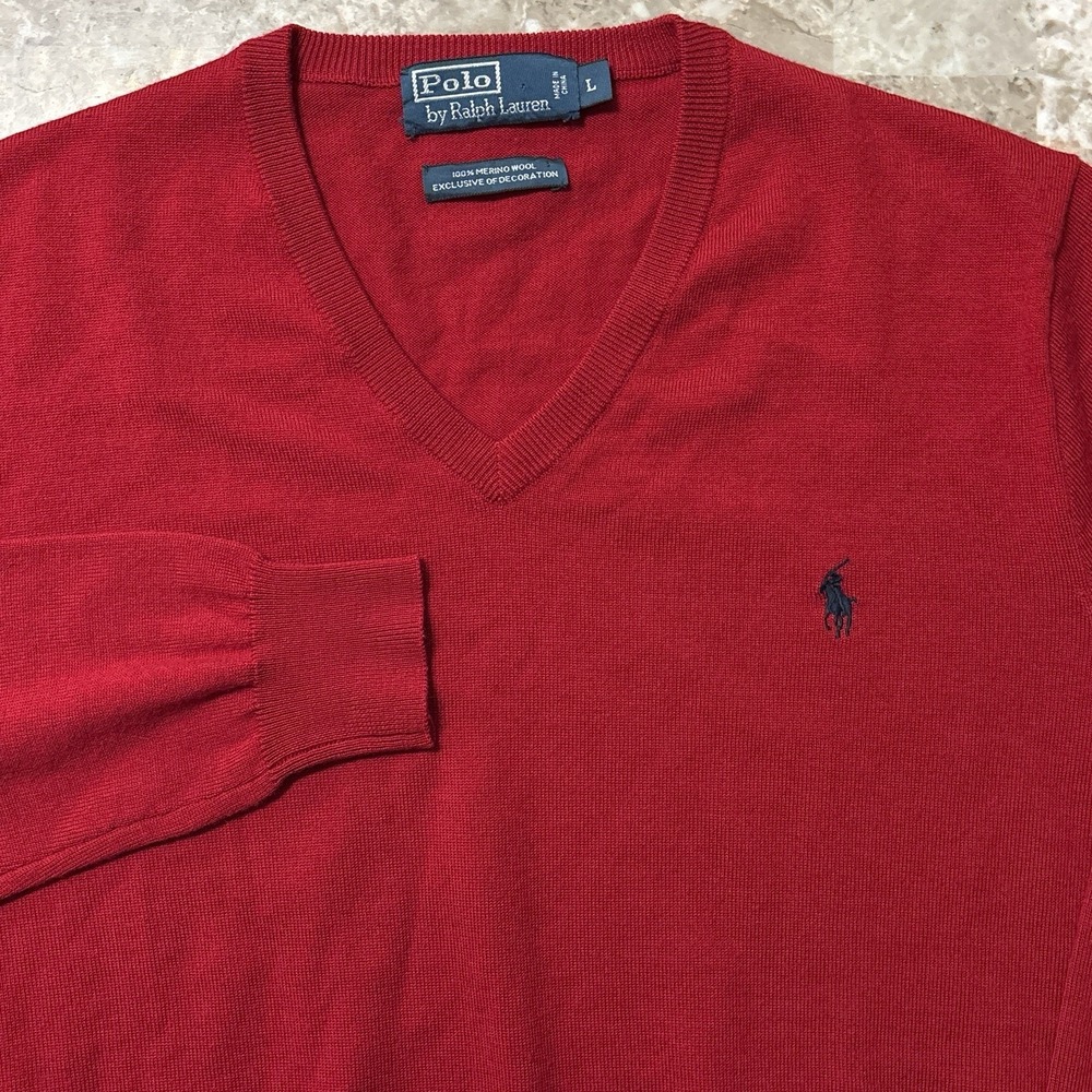 Polo Ralph Lauren Sweater Mens Large Red Merino Wool V Neck Jumper Pony Preppy